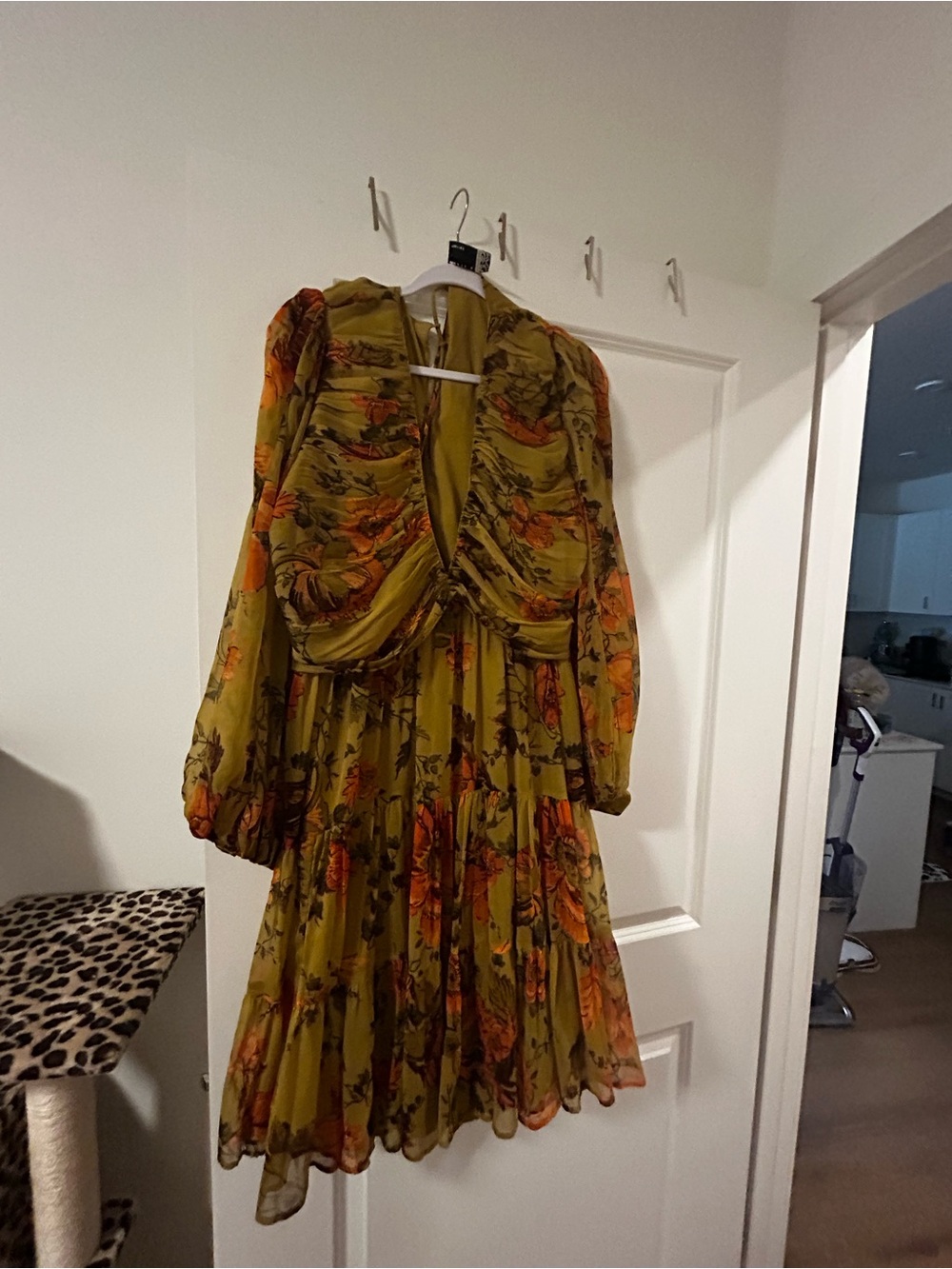 ASOS Olive Floral Long Sleeve Pleated Dress